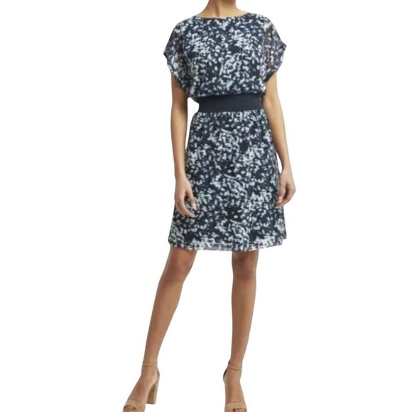 H by Halston Layered Dress, Brush Stroke Blue Sky Cap Sleeves Women's Size M - Picture 1 of 10